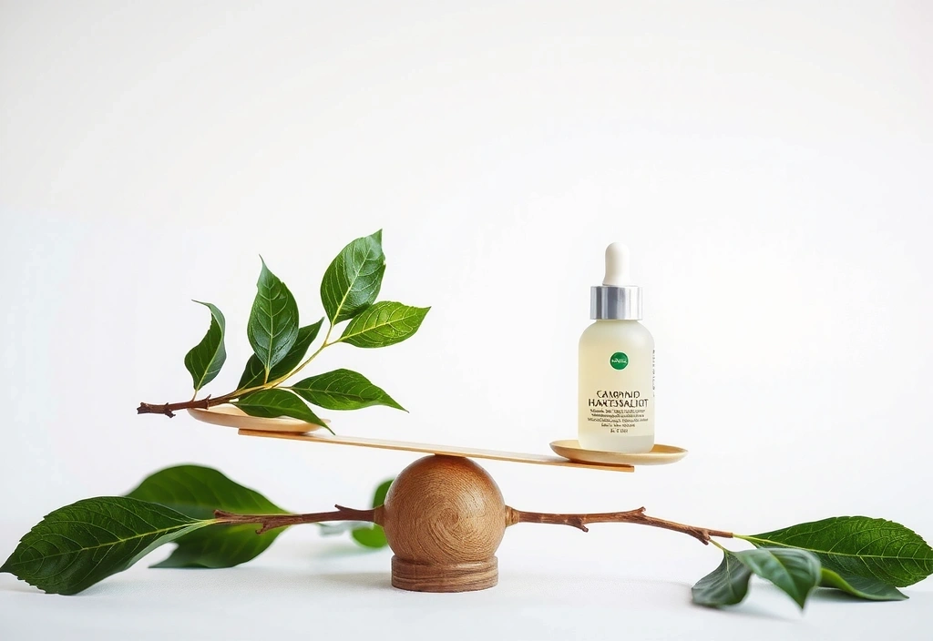 Bilancia in equilibrio con foglie verdi su un piatto e una piccola bottiglia di prodotto sull'altro, simbolo di etica e trasparenza