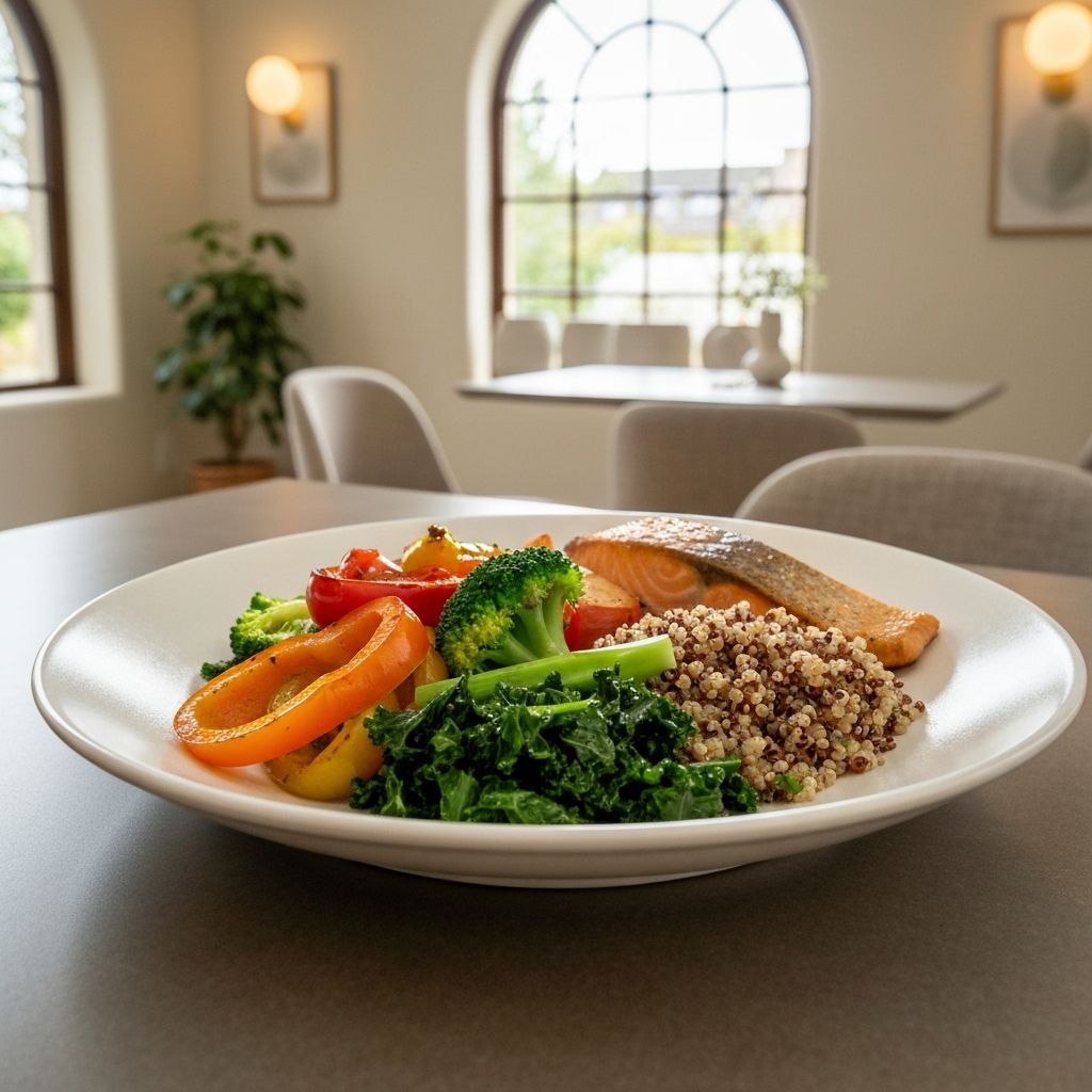 Balanserad måltid med grönsaker, proteiner och helkorn